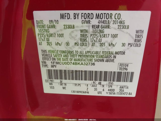 2011 Ford Escape Xlt მანქანა იყიდება აუქციონზე, vin: 1FMCU0D74BKA32736, აუქციონის ნომერი: 46045931