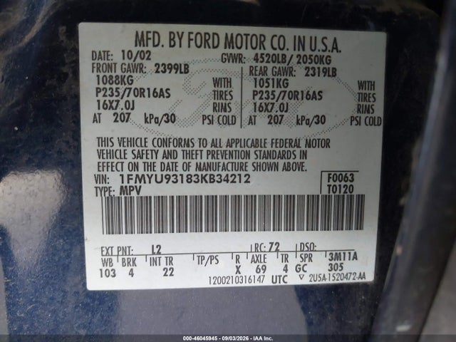 Продажа на аукционе авто 2003 Ford Escape Xlt, vin: 1FMYU93183KB34212, номер лота: 46045945