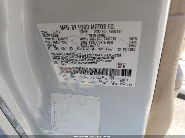 Aukcja sprzedaży 2012 Ford Escape Xlt, vin: 1FMCU9D79CKB20025, numer aukcji: 46045946