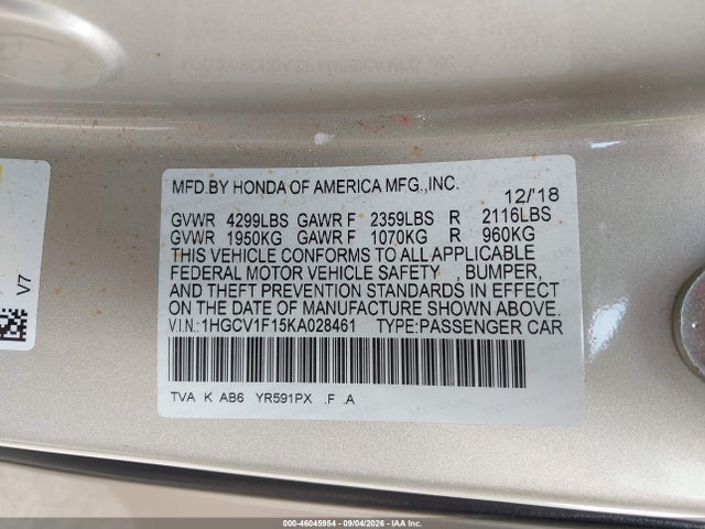 Продаж на аукціоні авто 2019 Honda Accord Lx, vin: 1HGCV1F15KA028461, номер лоту: 46045954