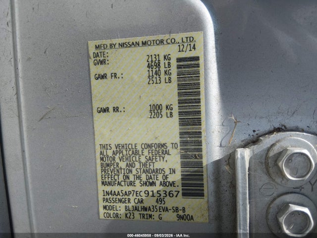 46045958 :رقم المزاد ، 1N4AA5AP7EC915367 vin ، 2014 Nissan Maxima 3.5 Sv مزاد بيع