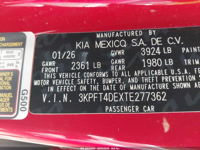 2026 Kia K4 Lxs მანქანა იყიდება აუქციონზე, vin: 3KPFT4DEXTE277362, აუქციონის ნომერი: 46045959