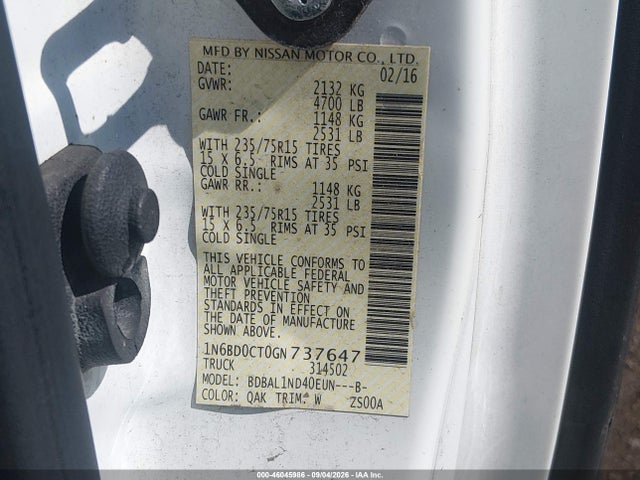 46045986 :رقم المزاد ، 1N6BD0CT0GN737647 vin ، 2016 Nissan Frontier S/sv-i4 مزاد بيع