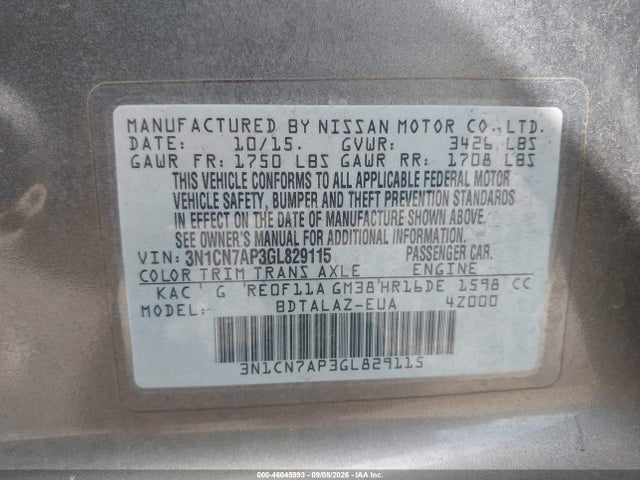 46045993 :رقم المزاد ، 3N1CN7AP3GL829115 vin ، 2016 Nissan Versa 1.6 S+ مزاد بيع