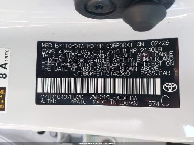 Продажа на аукционе авто 2026 Toyota Corolla Hybrid Hybrid Le, vin: JTDBCMFE1T3143360, номер лота: 46045996