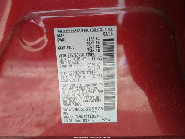 Aukcja sprzedaży 2016 Nissan Rogue Sl, vin: 5N1AT2MV3GC826875, numer aukcji: 46046008