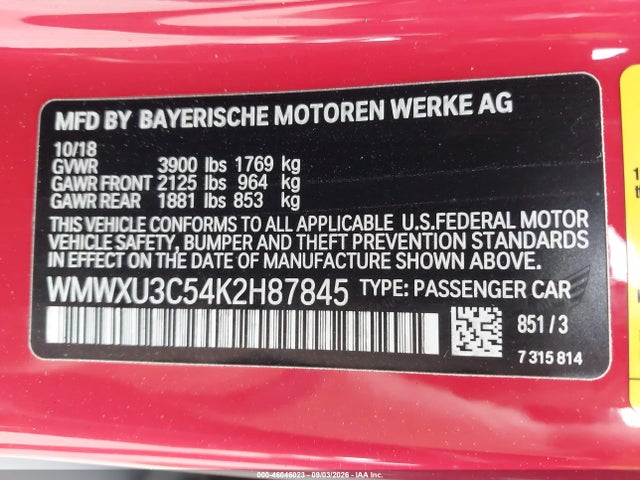 46046023 :رقم المزاد ، WMWXU3C54K2H87845 vin ، 2019 Mini Hardtop Cooper S مزاد بيع