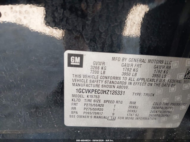 Продаж на аукціоні авто 2017 Chevrolet Silverado 1500 Custom, vin: 1GCVKPEC0HZ126331, номер лоту: 46046024