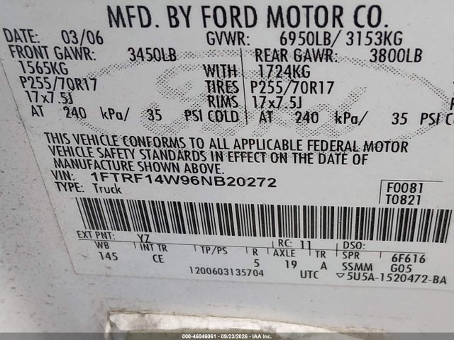 Продажа на аукционе авто 2006 Ford F-150 Stx/xl/xlt, vin: 1FTRF14W96NB20272, номер лота: 46046061