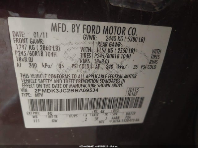 2011 Ford Edge Sel მანქანა იყიდება აუქციონზე, vin: 2FMDK3JC2BBA69534, აუქციონის ნომერი: 46046063