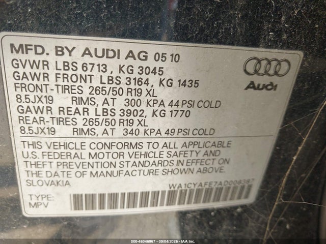 Продажа на аукционе авто 2010 Audi Q7 3.6 Premium, vin: WA1CYAFE7AD008387, номер лота: 46046067