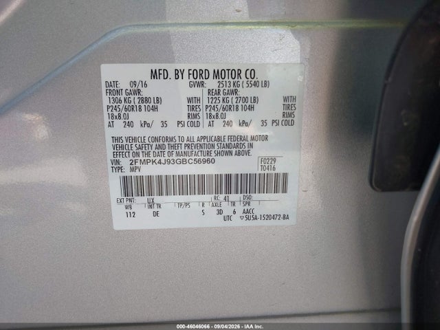 Продажа на аукционе авто 2016 Ford Edge Sel, vin: 2FMPK4J93GBC56960, номер лота: 46046066