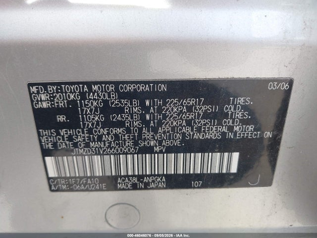 Продажа на аукционе авто 2006 Toyota Rav4 Limited, vin: JTMZD31V266009067, номер лота: 46046076