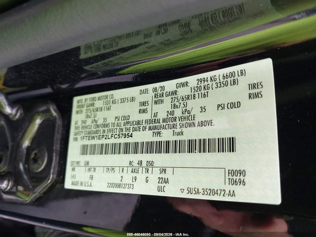 46046080 :رقم المزاد ، 1FTEW1EP2LFC57954 vin ، 2020 Ford F-150 Xlt مزاد بيع