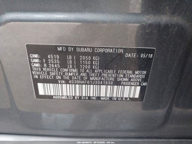 Aukcja sprzedaży 2018 Subaru Legacy 2.5i Premium, vin: 4S3BNAF61J3041930, numer aukcji: 46046079