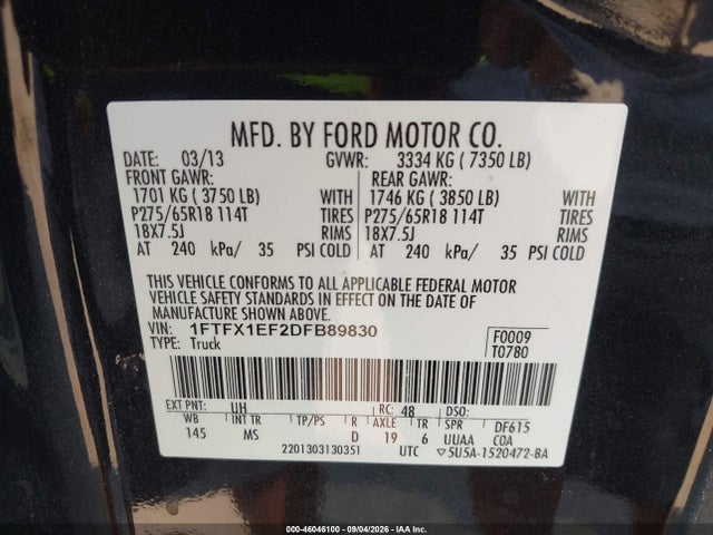 Aukcja sprzedaży 2013 Ford F-150 Xlt, vin: 1FTFX1EF2DFB89830, numer aukcji: 46046100
