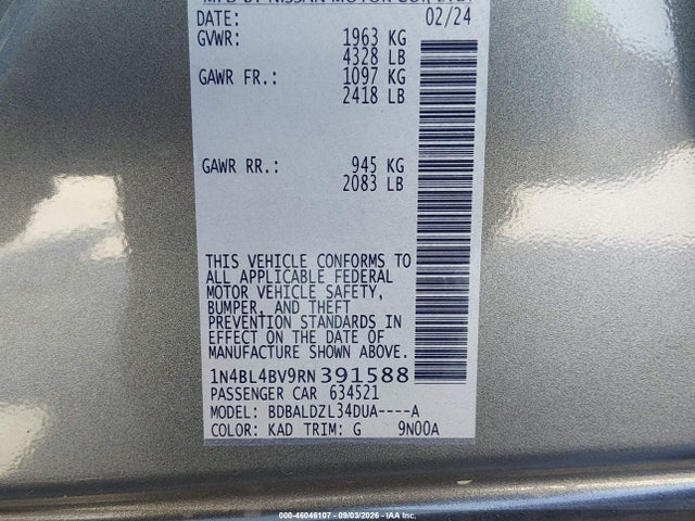 Продаж на аукціоні авто 2024 Nissan Altima S Fwd, vin: 1N4BL4BV9RN391588, номер лоту: 46046107