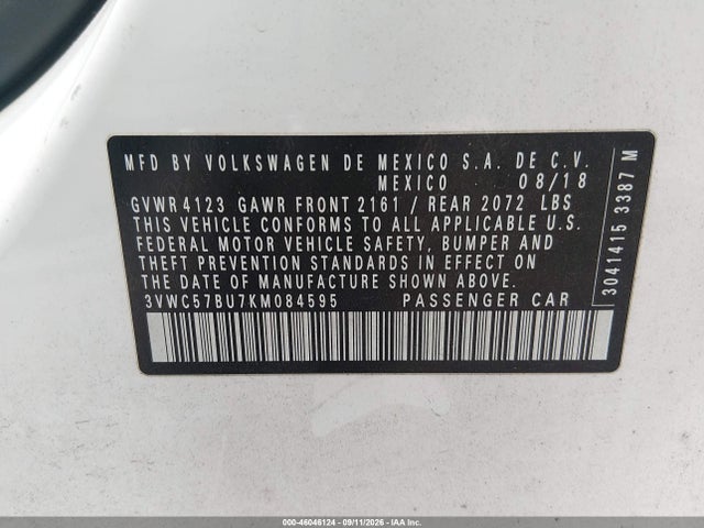 Aukcja sprzedaży 2019 Volkswagen Jetta 1.4t R-line/1.4t S/1.4t Se, vin: 3VWC57BU7KM084595, numer aukcji: 46046124