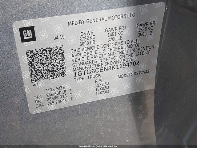 Aukcja sprzedaży 2019 Gmc Canyon Sle, vin: 1GTG6CEN8K1294702, numer aukcji: 46046131