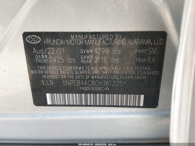 2012 Hyundai Sonata Gls მანქანა იყიდება აუქციონზე, vin: 5NPEB4AC8CH361225, აუქციონის ნომერი: 46046135