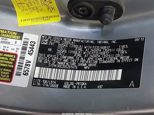 2013 Toyota Sienna Xle V6 8 Passenger მანქანა იყიდება აუქციონზე, vin: 5TDYK3DC2DS291476, აუქციონის ნომერი: 46046146