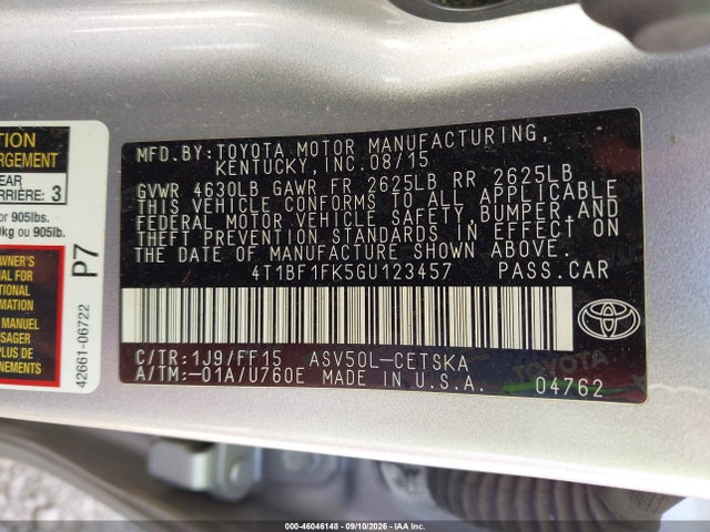 2016 Toyota Camry Se მანქანა იყიდება აუქციონზე, vin: 4T1BF1FK5GU123457, აუქციონის ნომერი: 46046148