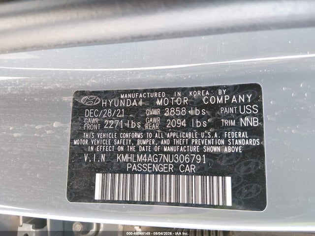 Aukcja sprzedaży 2022 Hyundai Elantra Sel, vin: KMHLM4AG7NU306791, numer aukcji: 46046149