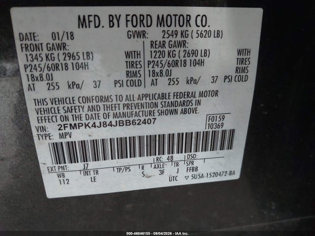 46046155 :رقم المزاد ، 2FMPK4J84JBB62407 vin ، 2018 Ford Edge Sel مزاد بيع