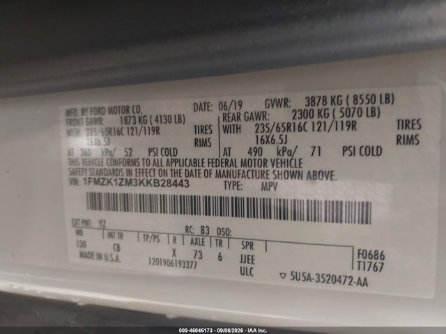 Aukcja sprzedaży 2019 Ford Transit-150 Xl, vin: 1FMZK1ZM3KKB28443, numer aukcji: 46046173
