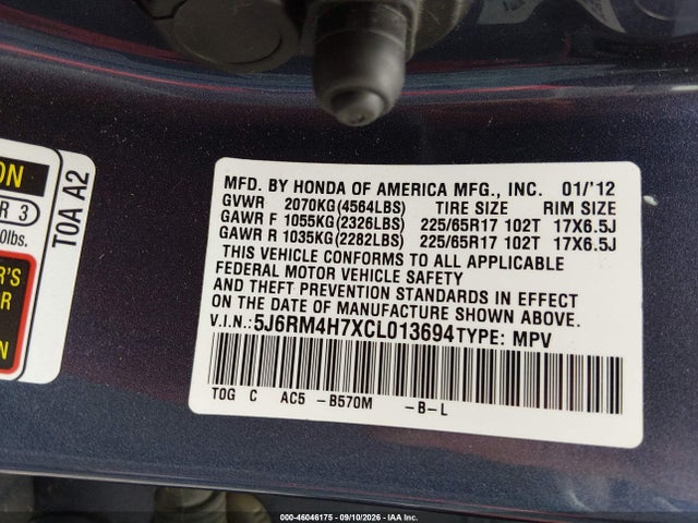 46046175 :رقم المزاد ، 5J6RM4H7XCL013694 vin ، 2012 Honda Cr-v Ex-l مزاد بيع