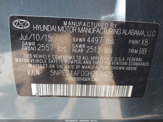 Продажа на аукционе авто 2016 Hyundai Sonata Se, vin: 5NPE24AF0GH267405, номер лота: 46046180