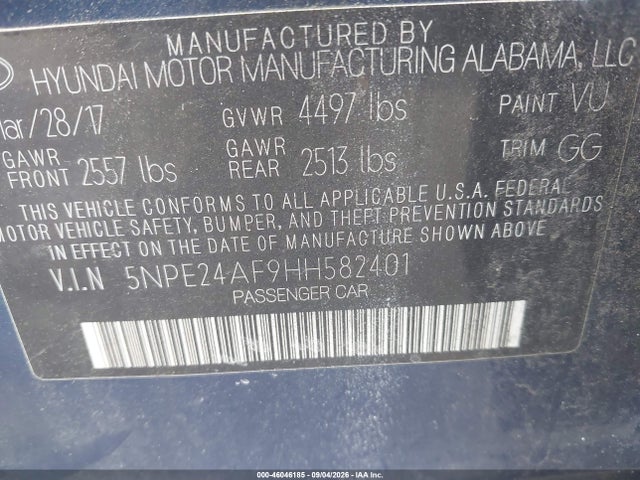 Aukcja sprzedaży 2017 Hyundai Sonata, vin: 5NPE24AF9HH582401, numer aukcji: 46046185