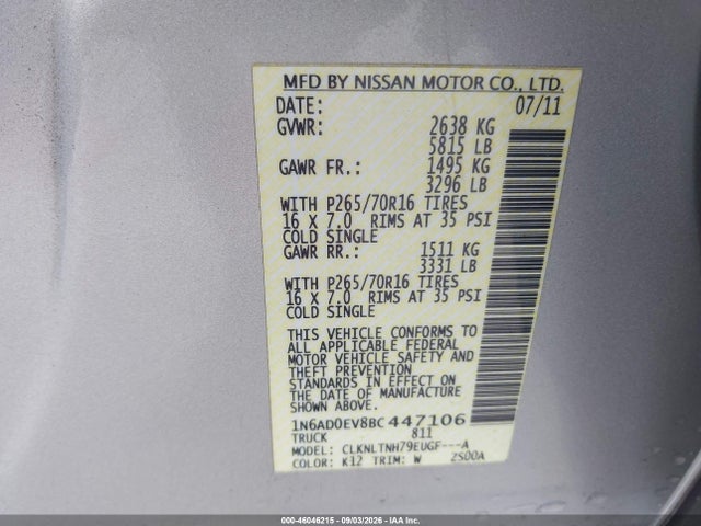 2011 Nissan Frontier Sv მანქანა იყიდება აუქციონზე, vin: 1N6AD0EV8BC447106, აუქციონის ნომერი: 46046215