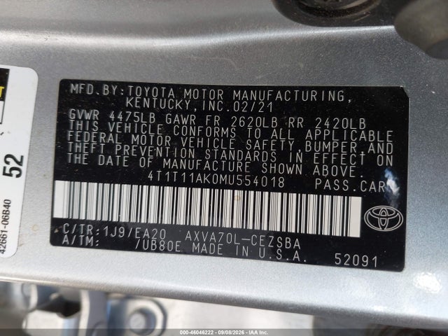 Продаж на аукціоні авто 2021 Toyota Camry Se, vin: 4T1T11AK0MU554018, номер лоту: 46046222