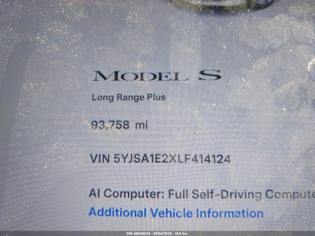 46046234 :رقم المزاد ، 5YJSA1E2XLF414124 vin ، 2020 Tesla Model S Long Range Dual Motor All-wheel Drive/long Range Plus Dual Motor All-wheel Drive مزاد بيع