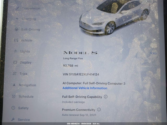 46046234 :رقم المزاد ، 5YJSA1E2XLF414124 vin ، 2020 Tesla Model S Long Range Dual Motor All-wheel Drive/long Range Plus Dual Motor All-wheel Drive مزاد بيع