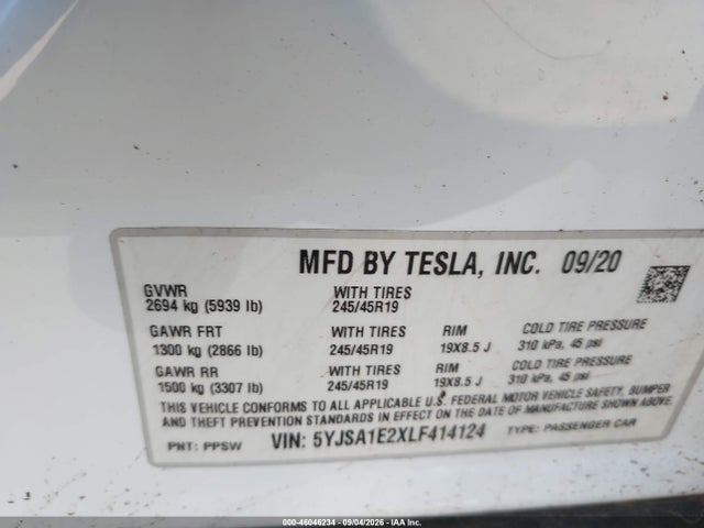 46046234 :رقم المزاد ، 5YJSA1E2XLF414124 vin ، 2020 Tesla Model S Long Range Dual Motor All-wheel Drive/long Range Plus Dual Motor All-wheel Drive مزاد بيع