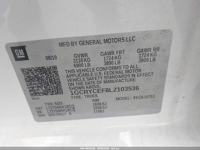Aukcja sprzedaży 2020 Chevrolet Silverado 1500 4wd  Standard Bed Custom Trail Boss, vin: 1GCRYCEF8LZ103536, numer aukcji: 46046246