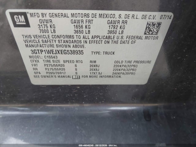 46046249 :رقم المزاد ، 3GTP1WEJXEG538935 vin ، 2014 Gmc Sierra 1500 Denali مزاد بيع