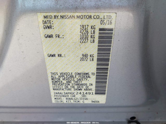 1N4AL3APXGC241491 Nissan Altima 2.5/2.5 S/2.5 Sl/2.5 Sr/2.5 Sv