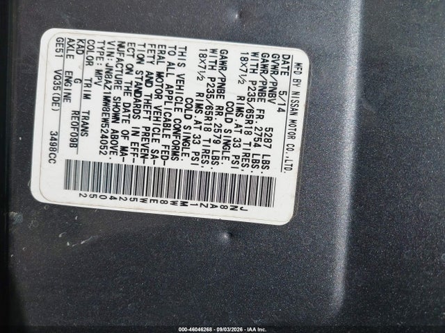 Auction sale of the 2014 Nissan Murano Sl, vin: JN8AZ1MW8EW524052, lot number: 46046268