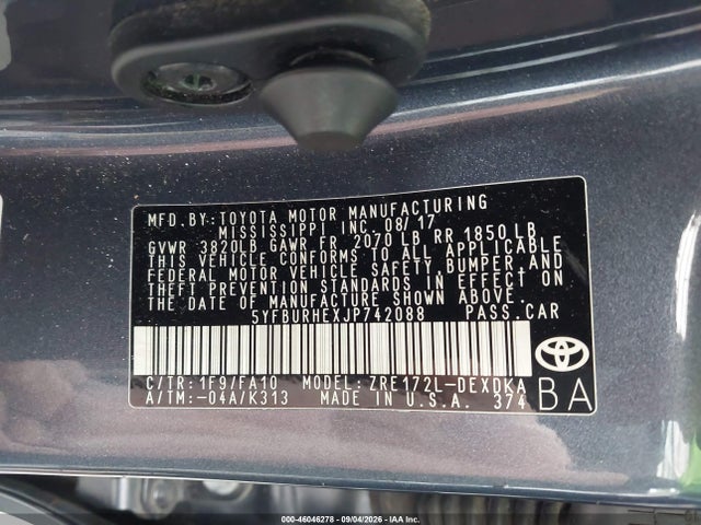 46046278 :رقم المزاد ، 5YFBURHEXJP742088 vin ، 2018 Toyota Corolla L/se مزاد بيع