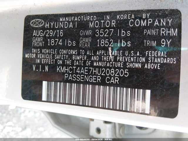 46046285 :رقم المزاد ، KMHCT4AE7HU208205 vin ، 2017 Hyundai Accent Se مزاد بيع