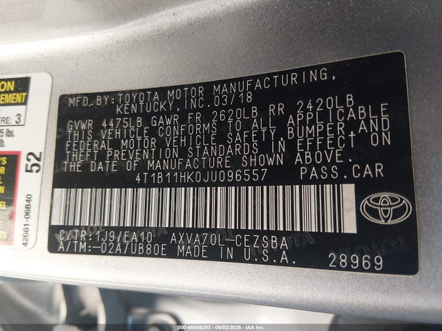Toyota CAMRY SE 2018 4T1B11HK0JU096557 Image 9