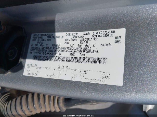 2015 Ford F-150 Xlt მანქანა იყიდება აუქციონზე, vin: 1FTFW1EG9FKE18106, აუქციონის ნომერი: 46046297