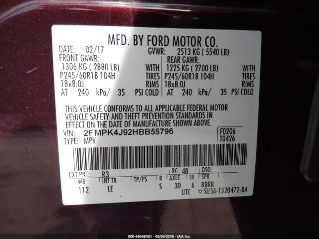 46046301 :رقم المزاد ، 2FMPK4J92HBB55796 vin ، 2017 Ford Edge Sel مزاد بيع