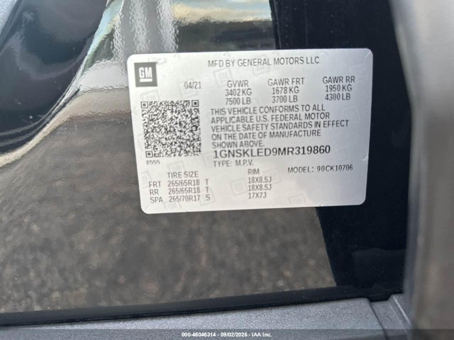 2021 Chevrolet Tahoe 4wd Commercial Fleet მანქანა იყიდება აუქციონზე, vin: 1GNSKLED9MR319860, აუქციონის ნომერი: 46046314