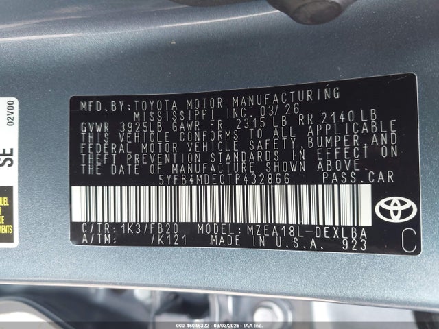 Продажа на аукционе авто 2026 Toyota Corolla Le, vin: 5YFB4MDE0TP432866, номер лота: 46046322