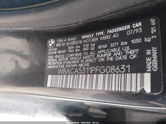 Aukcja sprzedaży 1993 Bmw 318 I, vin: WBACA5311PFG08631, numer aukcji: 46046349