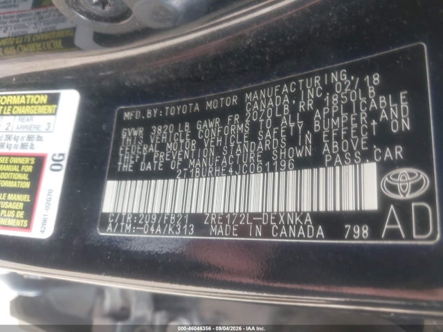 Aukcja sprzedaży 2018 Toyota Corolla Le, vin: 2T1BURHE4JC061196, numer aukcji: 46046356